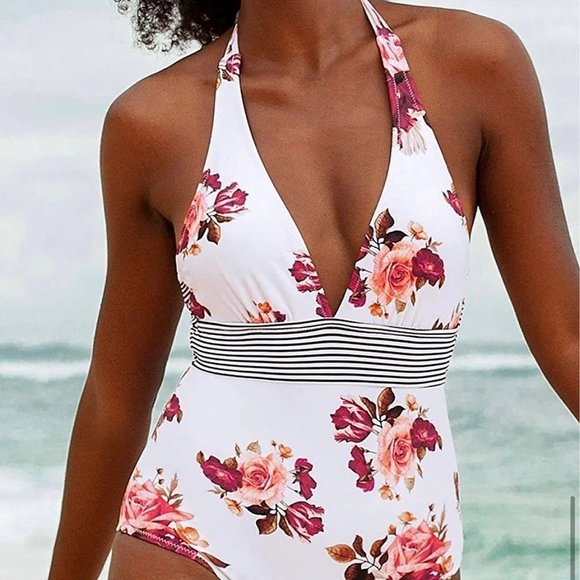 Women's One Piece Swimsuit Halter Tie Back Floral Print Beachwear - Picture 6 of 7